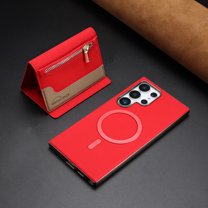 ELEHOLD Case for Samsung Galaxy S24, 2-in-1 Detachable Magnetic Zipper Leather Wallet Case with Card Holder, RFID Blocking Folio Flip Cover,Red