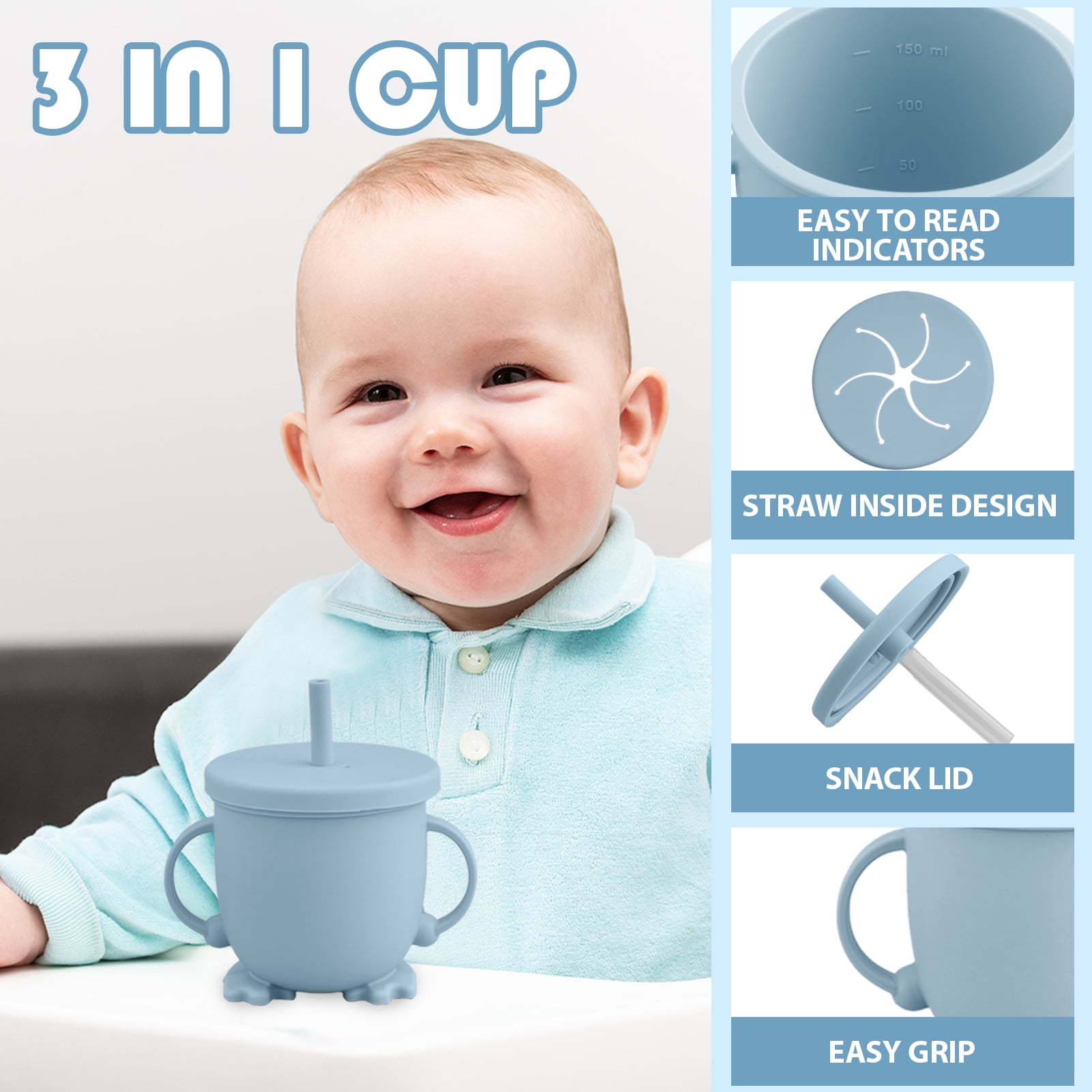Lumikrypt 9 Pcs Silicone Baby Feeding Set, Baby Led Weaning Utensils, Baby Suction Bowl, Plates, Bib, Spoons Set, Sippy Cup with Straw, Baby Self Feeding Supplies Set(Grey blue)