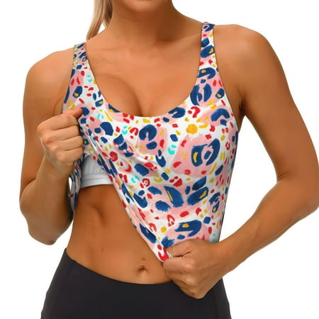 Qokaie Leopard Print (2) Pattern Womens Scoop Neck Sports Bra Breathable Workout Vest Padded U Back Medium Impact Fitness Gym Yoga Bra Workout Crop Top
