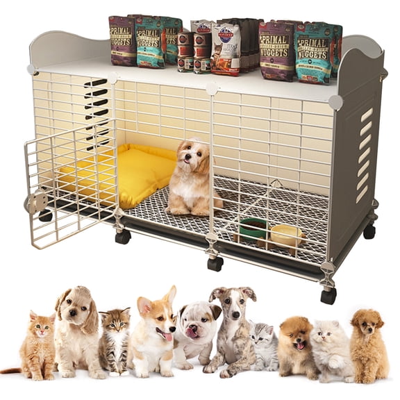 Qiyester Pet Cage - Indoor Pet Dog Bed Side Table with Wheeled Tray, Top Storage Suitable for Small/Medium/Large Dogs