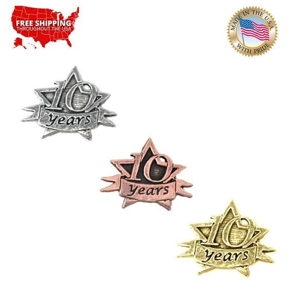 Ten, 10 Year Star Badge, Excellence, Service Award, Pewter, Metal, Hat, Lapel, Brooch, Pins, Jewelry, Made in USA, Over 20 Patriotic Designs Available. Creative Pewter Designs. A1108