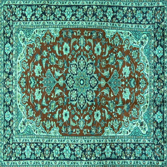 Ahgly Company Indoor Square Medallion Turquoise Blue Traditional Area Rugs, 8' Square