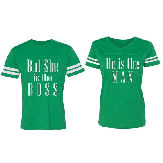 But She is The Boss He is The Man Matching Couple Cotton Jerseys (Men Green / Women Green) (Men L / Women S)