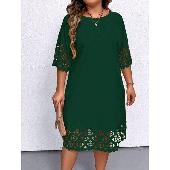 Dark Green Plus Size Casual Hollow Out Dress With Lace Trim, Relaxed Fit A-Line Shift Dress For Women