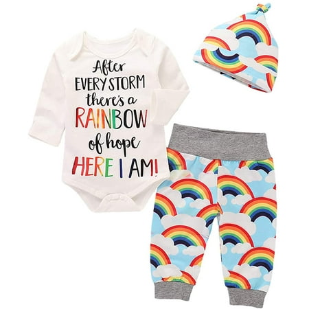 

WISWELL Newborn Infant Baby Girl Boy Rainbow Outfits Long Sleeve Romper Tops Jumpsuit Pants Hat 3Pcs Autumn Clothes Set