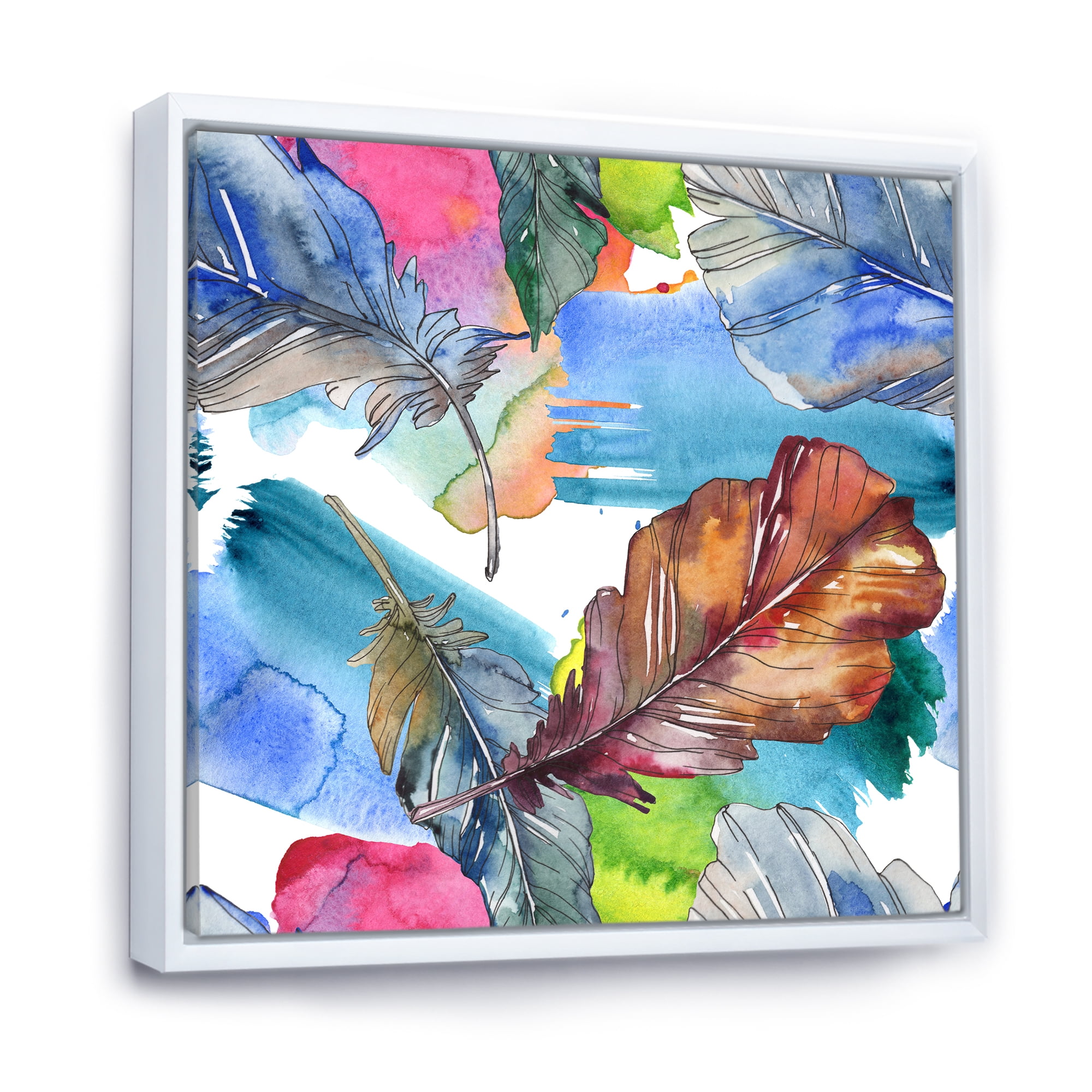 Designart 'Bird Feather In Pink and Blue' Traditional Framed Canvas Wall Art Print