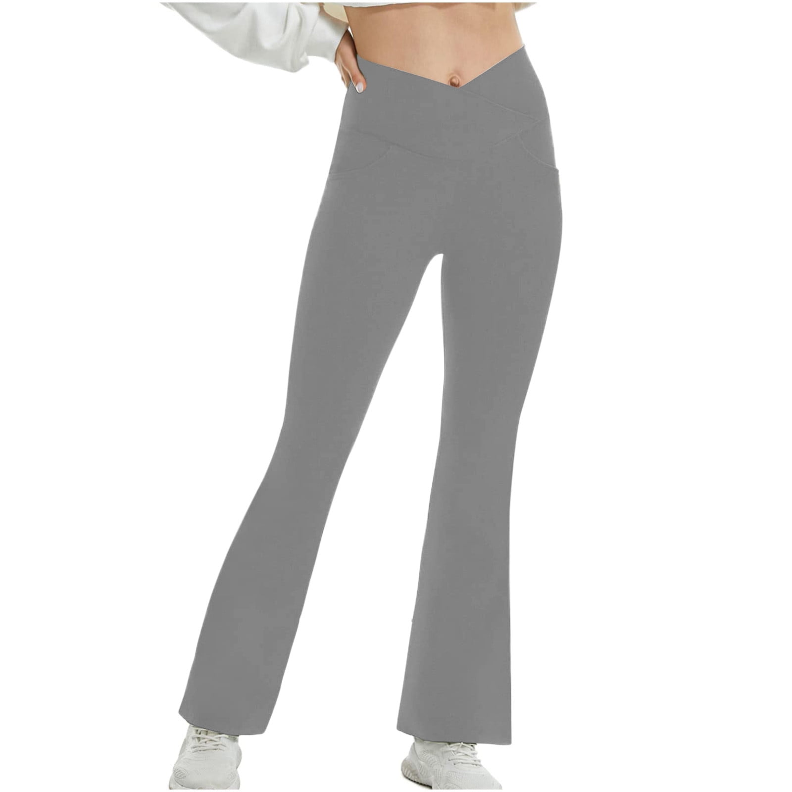 RYRJJ Women's High Waist Ribbed Flare Leggings Stretchy Soft Comfy Wide Leg  Bootleg Trousers Bell Bottom Bootcut Yoga Pants(Gray,XL)