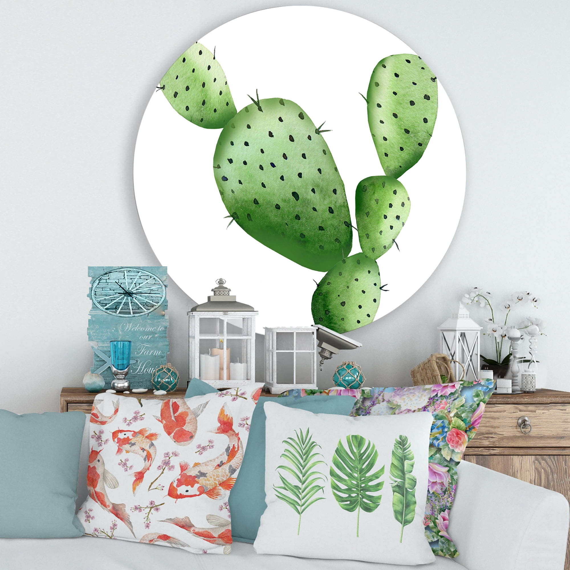 Designart 'Close Up Green Southwestern Cactus' Tropical Circle Metal Wall Art 29x29 - Disc of 29