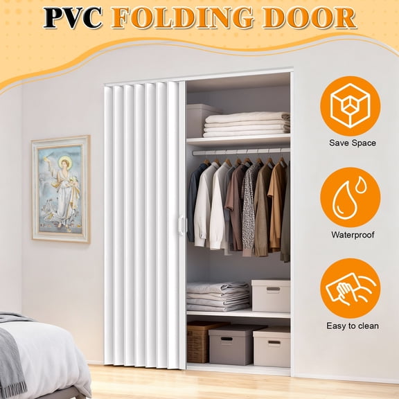 Tereitr PVC Folding Door, 60x80in Single Door Accordion Closet Door for Interior, Partition Sliding Door Includes Latch, Handle, Mounting Hardware