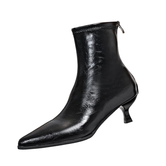 HAPIMO Women Ankle Boots Pointed Toe Kitten Heel Back Zipper Glossy Faux Leather Footwear For Formal Dinner And Stylish Party Black 36