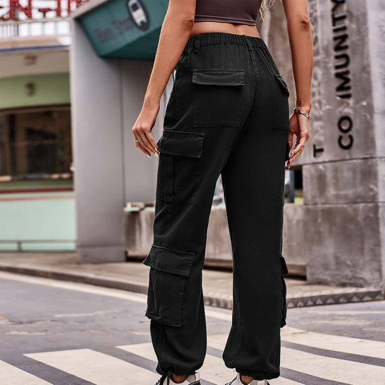 Stretch Cargo Pants for Women Solid Elastic Waist Denim Work Pants Multi  Pockets Comfy Streetwear Jogger Pants Loose Pants(L,Black) 