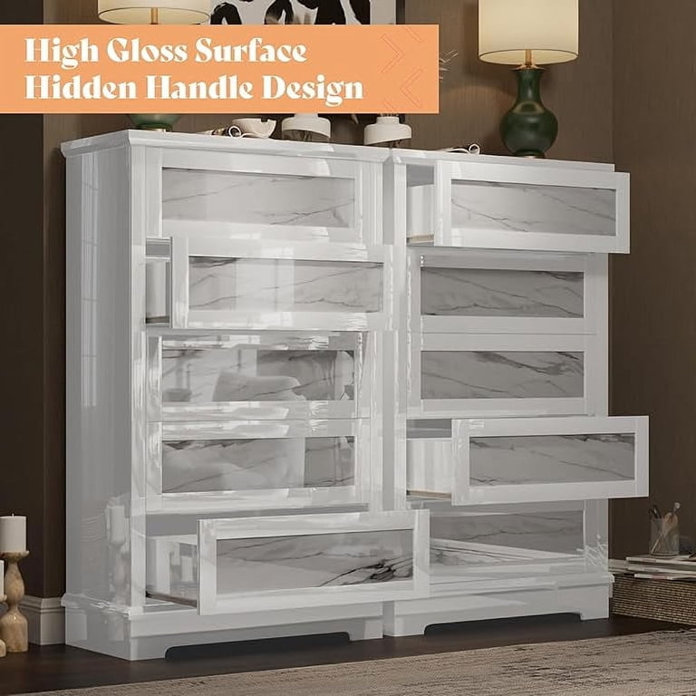 Merluxy Luxury 49.2" H High-Gloss 5 Drawer Dresser, Natural Marble Chest of  Drawers No Handles for Bedroom, Living Room, Modern, White - Walmart.com