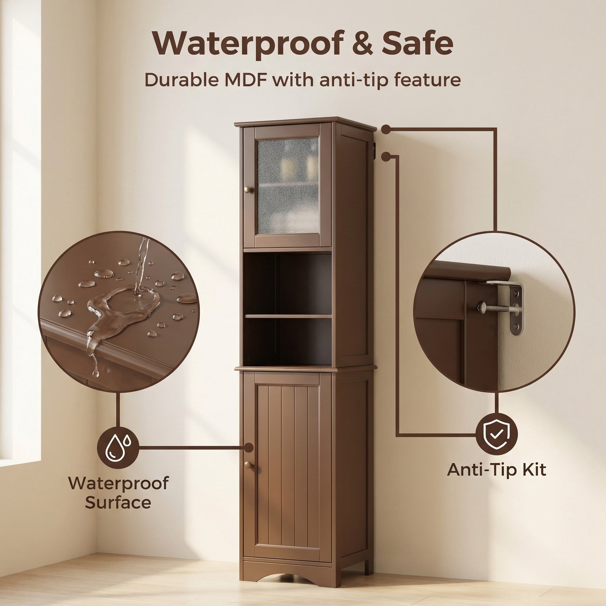 Lofka 67”H Tall Bathroom Storage Cabinet with Adjustable Shelves, Narrow Tall Linen Tower  with Two-Way Doors, Dark Brown