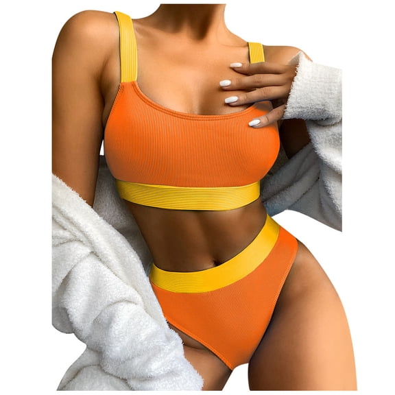 Womens swimsuits clearance,Women Patchwork Bikini Set Push-Up Pad Swimwear Swimsuit Beachwear Orange M(M)