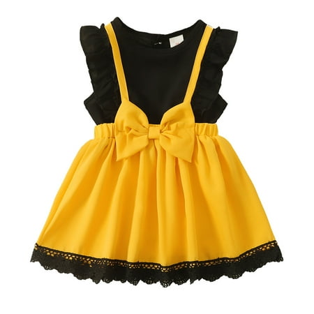 

18 Months Baby Girls Dress 24 Months Girls Sleeveless Dress Fake 2PCS Dress Toddler Girls Summer Dress Yellow Dress