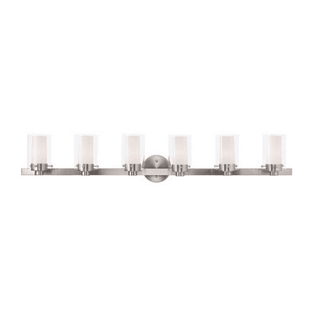 

Bathroom Vanity 6 Light With Hand Blown Clear Outside and Opal Inside Brushed Nickel size 22 in 360 Watts - World of Crystal