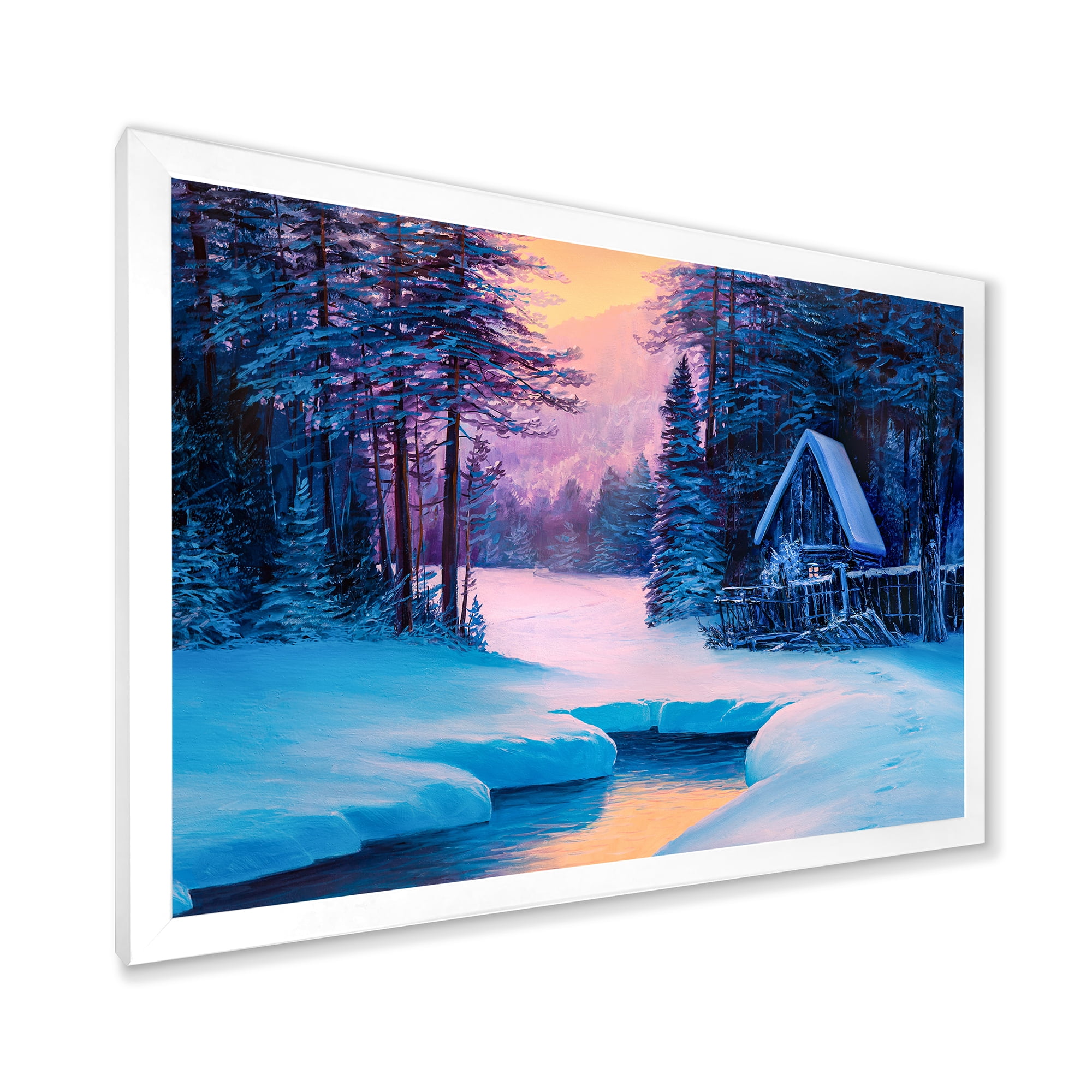 Designart 'The River House In The Woods and Winter Landscape II' Lake House Framed Art Print