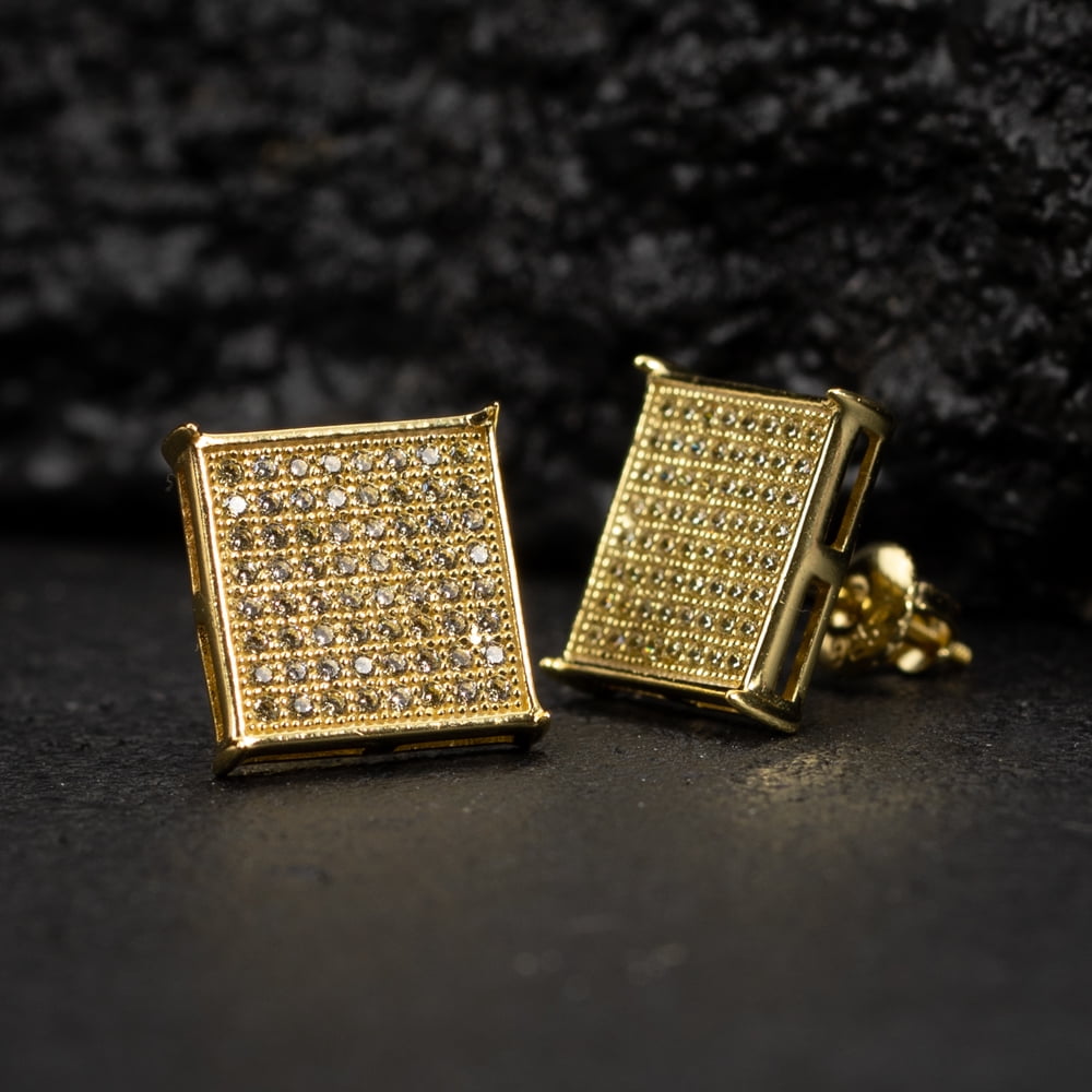 Large 14K Yellow Gold Plated 925 Sterling Silver Screw Post Mens Canary Yellow 5A Cz Big Square Flat Screen Iced Hip Hop Micro Pave  Stud  Earrings