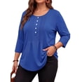 thumbnail image 3 of WellSize 3/4 Sleeve Plus Size Womens Blouses Casual Floral Pleats Tops Summer Crewneck Shirts Tunic Curved Hem Blouses, 3 of 7