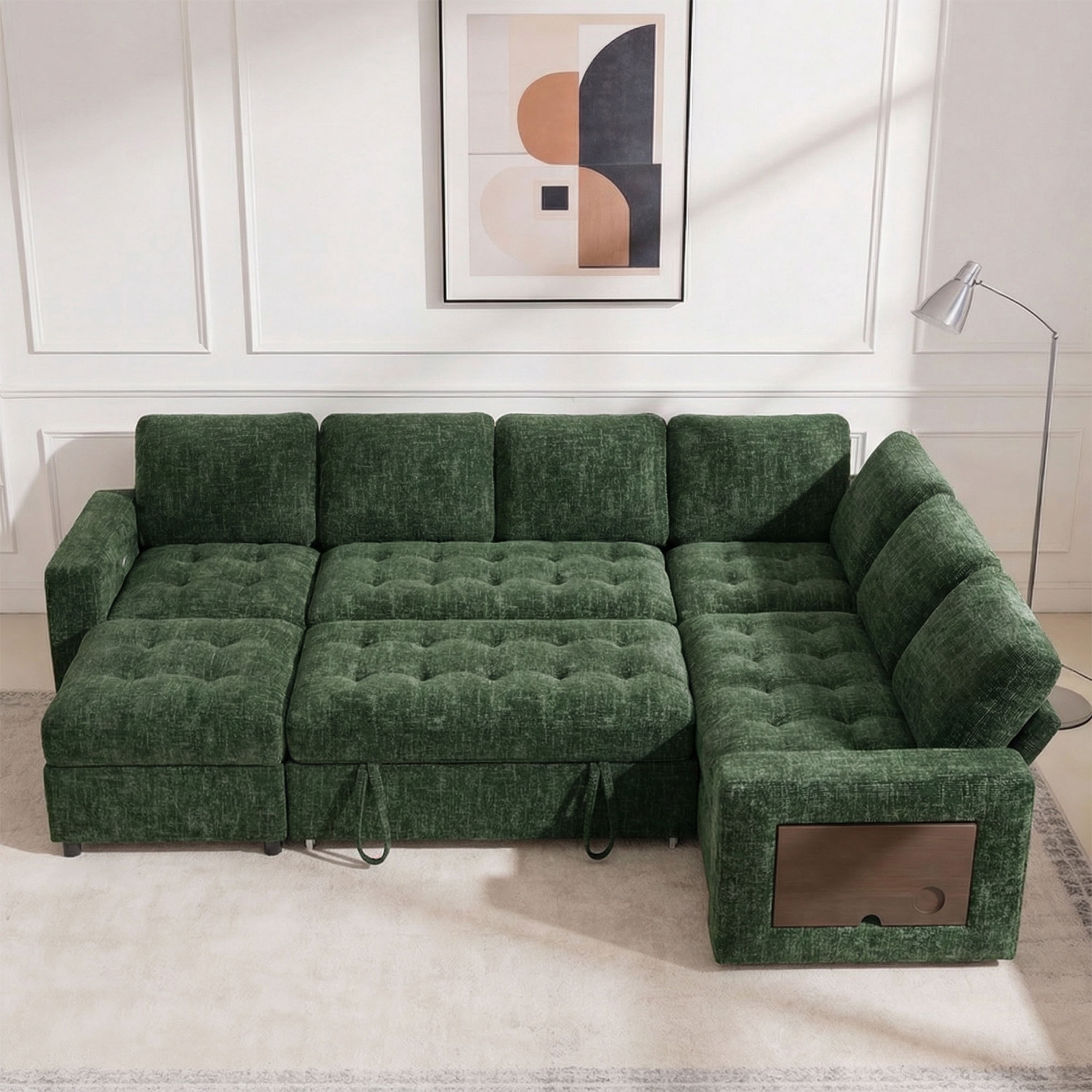 7-Seat Modular Sectional Sofa with Pull-Out Bed, Reclining Backrest, USB Ports, Table, LED Lights & Storage Seats – Tool-Free Assembly, Comfortable Living Room Furniture Green