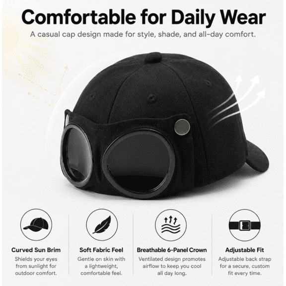 Men's Korean-Style Pilot Baseball Cap, Aviator Goggle Hat with Curved Visor, Cotton Canvas Sun Protection Cap for Spring Summer Black