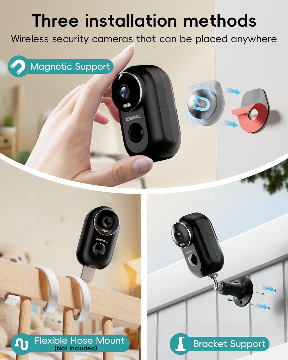 ZUMIMALL F5 Magnetic Mount, 2K Wireless Rechargeable Battery Powered Video Security Camera, 2 Pack, Black