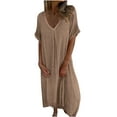 thumbnail image 3 of Feancey Linen Shift Dress for Women Pleated V Neck Short Sleeve Midi Dresses Summer Casual Loose T-Shirt Dress Solid Vintage Beach Vacation Dresses Khaki XXL, 3 of 9