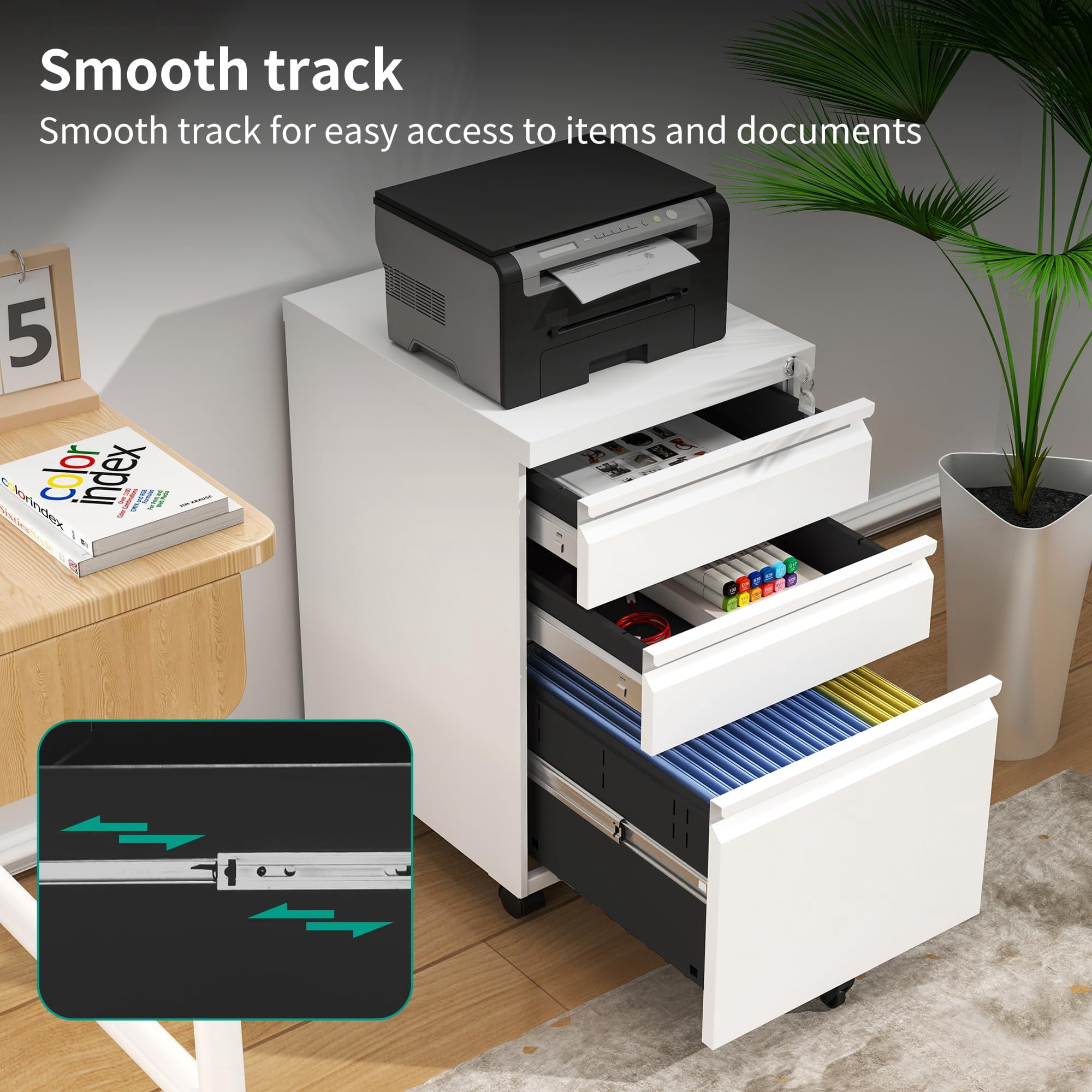 IKIMI 3 Drawer Metal Mobile File Cabinet Under Desk Vertical File Cabinet with Lock on Wheels Office Rolling Storage Cabinets for Legal/Letter/A4 File Fully Assembled