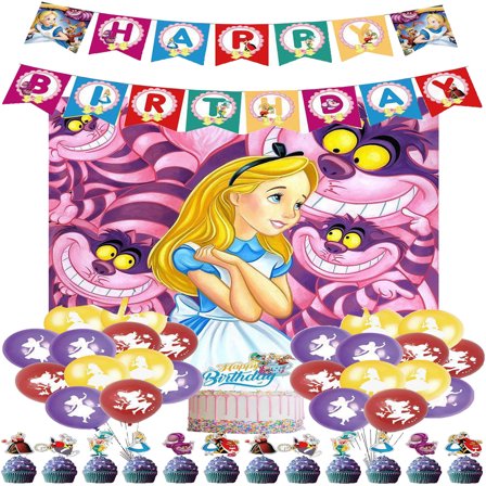 Alice in Wonderland Party Supplies Pack Includes， Banner， Backdrop, Cake Topper，Balloons for Princess party Decoration