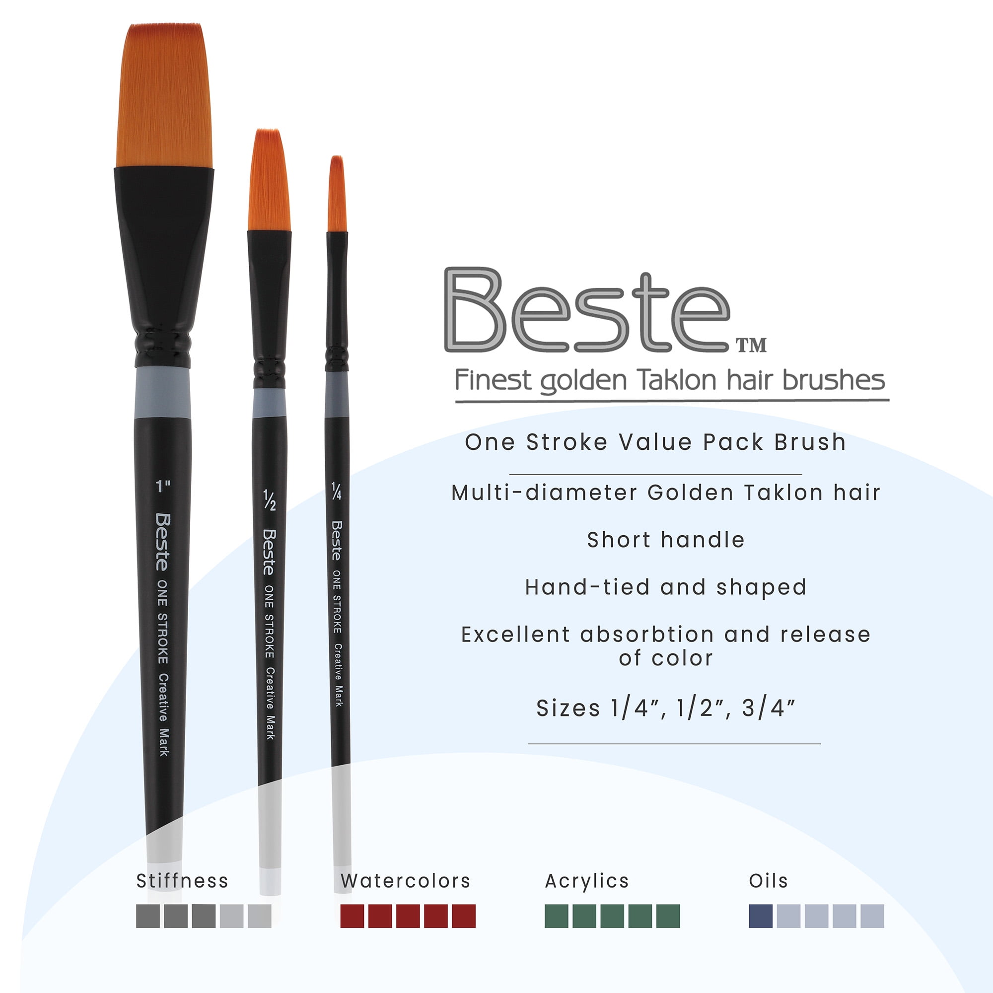 Creative Mark Beste Golden Taklon One Stroke Set of 3 Artist Paint Brush, Professional Watercolor Brushes, For Acrylic Painting, Short Handle, Sharp Edges, Hand-Tied & Shaped