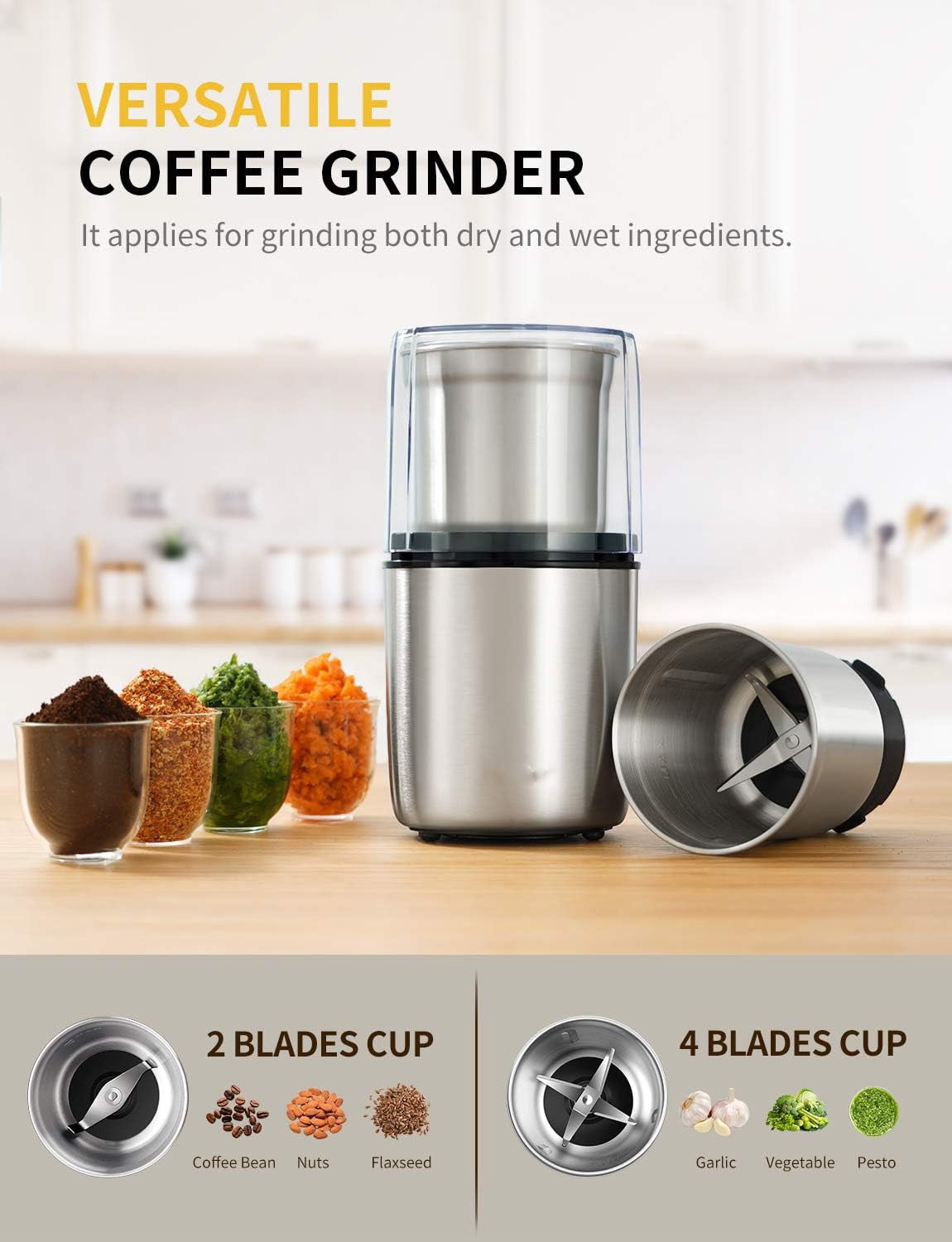 GDOR Coffee Grinder Electric Herb/Wet Grinder for Spices and Seeds with 2 Removable Stainless Steel Bowls, Silver