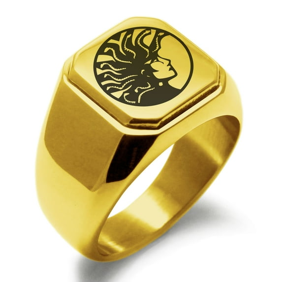 Stainless Steel Greek Mythology Medusa Engraved Square Flat Top Biker Style Polished Signet Ring