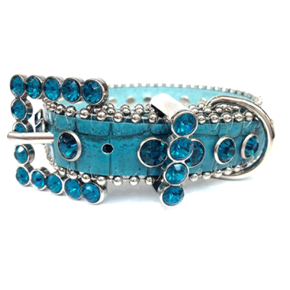 Turquoise Leather Dog Collar with a Row of High Quality Aqua