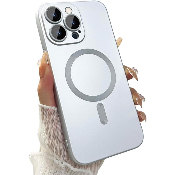 Magnetic case for iPhone 14 Pro Max Phone Case for Women, Matte Luxury Soft Metallic Luster Design with Camera Lens Protector, Compatible with Magsafe Case for iPhone 14 Pro Max 6.7"-Silver