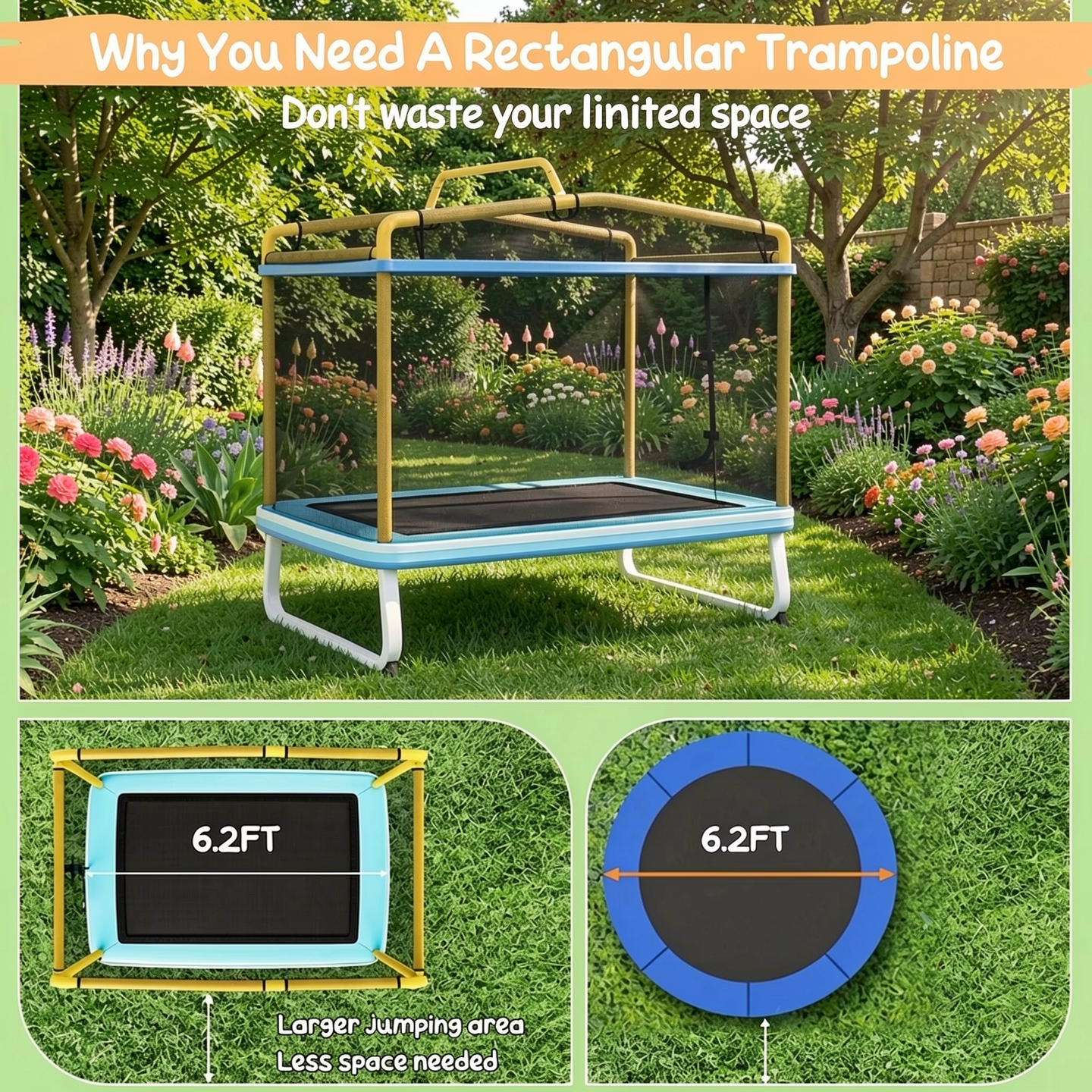 Redsmile 6 Feet Rectangle Trampoline with Swing Horizontal Bar and Safety Net-Yellow - Premium PE Safety Enclosure for Kids Outdoor Play