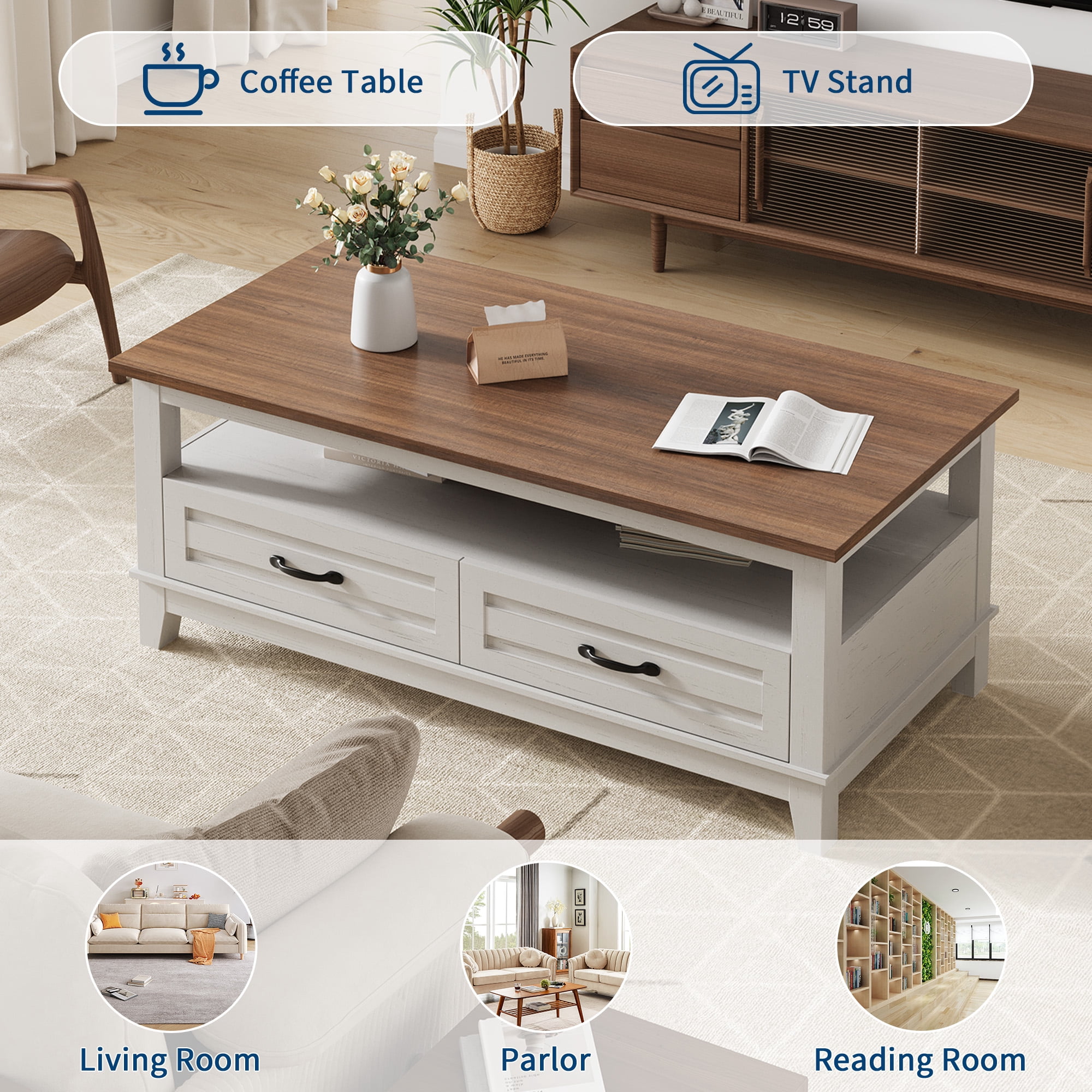 Farmhouse Coffee Table with Storage, Wood Coffee Table for Living Room, Open Display Area and Storage Drawers with Handles, Chic Style for Office, Parlor, Reading Room