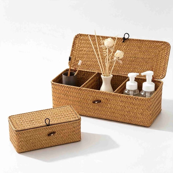 Yahome 1Pcs Rectangular Small Woven Shelf Baskets with Lid 3 Compartment Storage Woven Basket for Bathroom Organizer Small Bins Home Decor