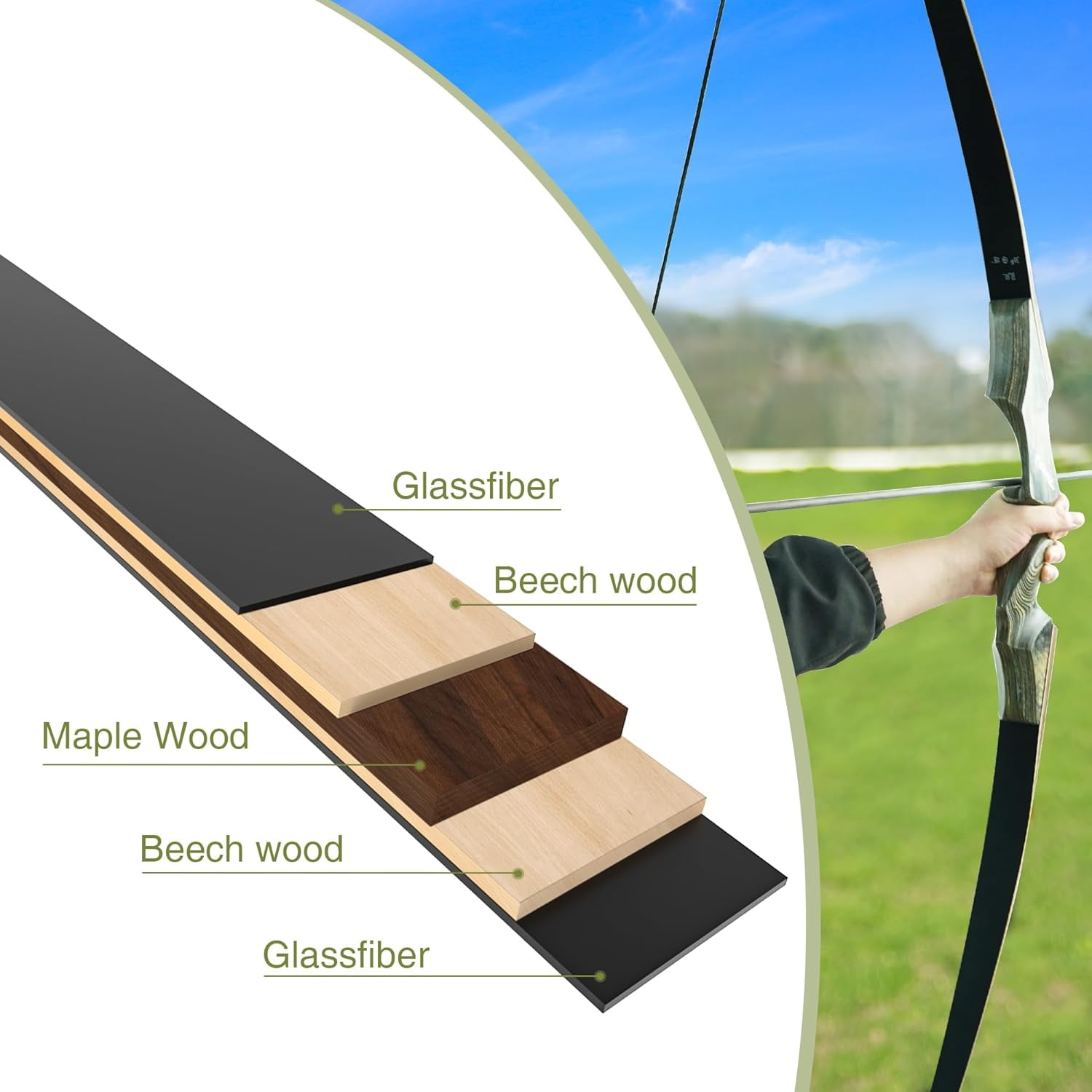 Black Hunter Takedown Longbow  60" Wooden Archery Bow Hunting Bow  RH/LH for Beginner Training Practice 20-60lb（RH-40lbs）