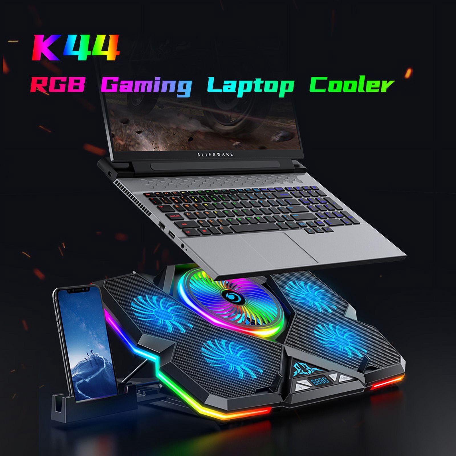 Laptop Cooling Pad for 12-17 Inch, Gaming Laptop Cooler with 5 Quiet Fans, RGB LED Lights