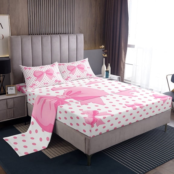 Erosebridal Pink Bow Sheet Set Twin,Cartoon Polka Dots Bedding Sets Twin Size,Kawaii Bowknot Twin Sheet Sets,Ultra Soft Cute Room Decorative,3pcs