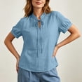 thumbnail image 6 of VBVC Women's Cotton-Linen Puff Sleeve Blouse , Ladies' Tie Keyhole Neck Short Sleeve Top , Casual Loose Fit Summer Shirts For Women,Blue,S-2XL, 6 of 10