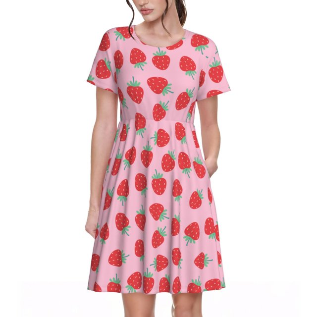 Easygdp Hand Drawn Strawberry para Vestido Transpirable de Mujer, Vestido Suelto de Manga Corta con Pliegues y Bolsillos para el Verano