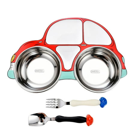 

1 Set of Cartoon Car Shaped Food Container with Fork Spoon Classified Food Plate