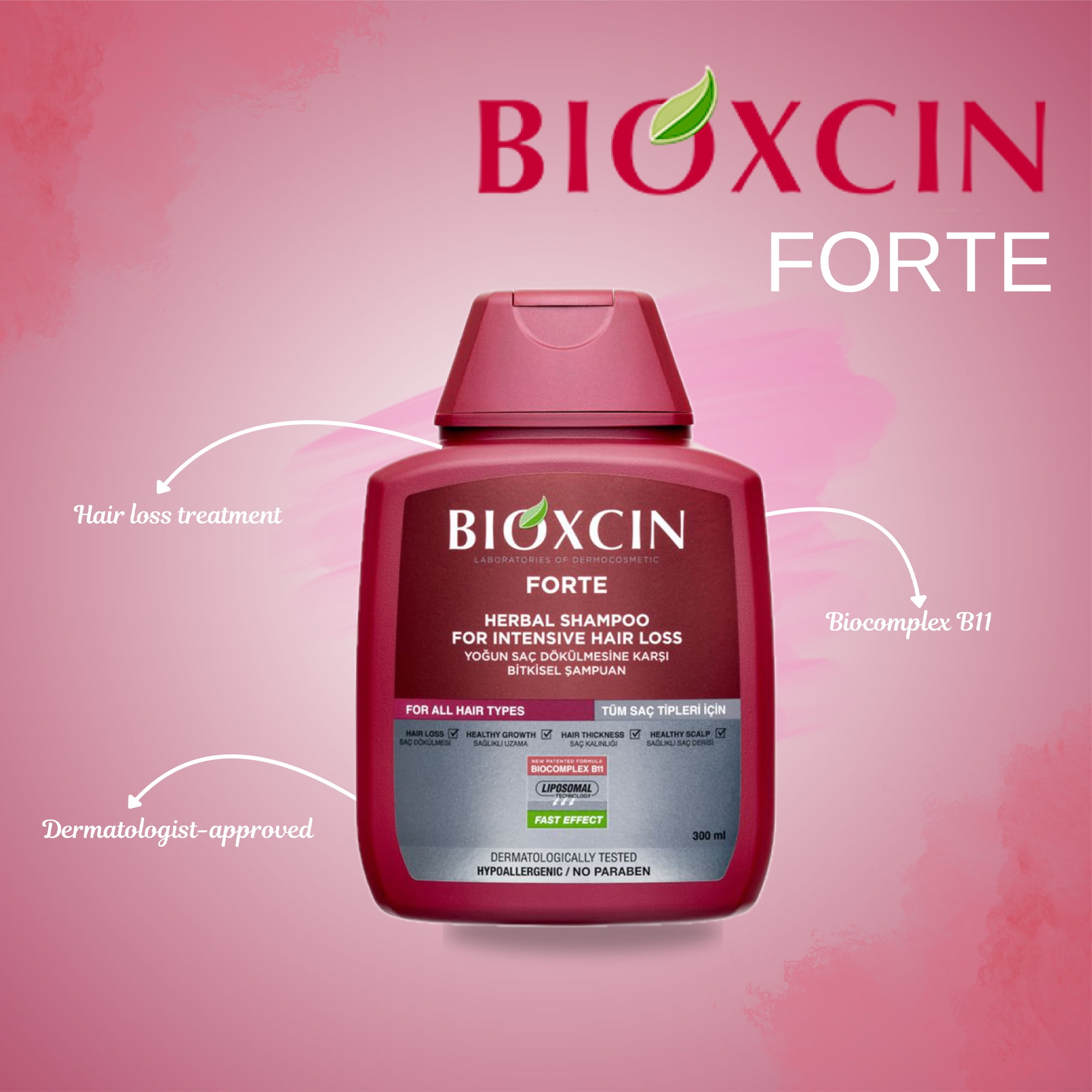 Bioxcin Forte Herbal Shampoo, Intensive Hair Loss Treatment, 300ml