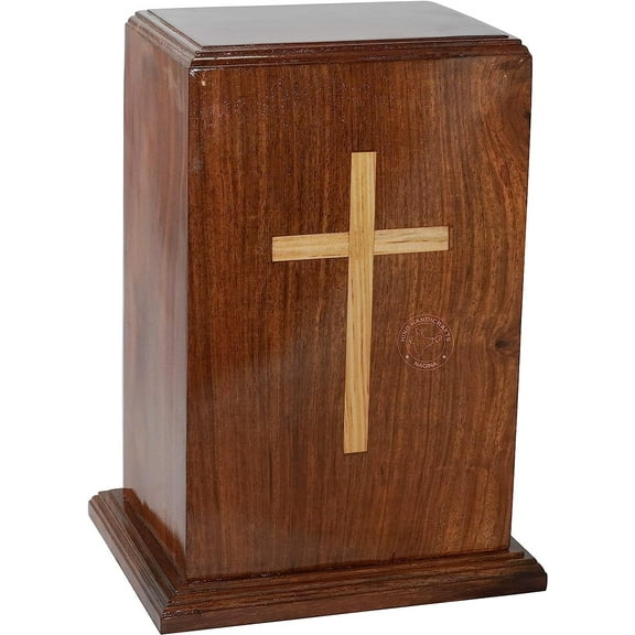 Rosewood Wooden Cremation Urns for Human Ashes Adult - Handcrafted Funeral Memorial Ash Storage Urn - Burial Columbarium (Pine Cross, 250 Cubic Inches)