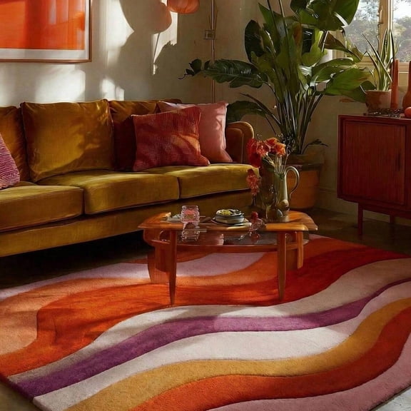 [Room Decor Rug]Carpet R Wavy Area Rug 70s Rug, Groovy Colorful Abstract Carpet