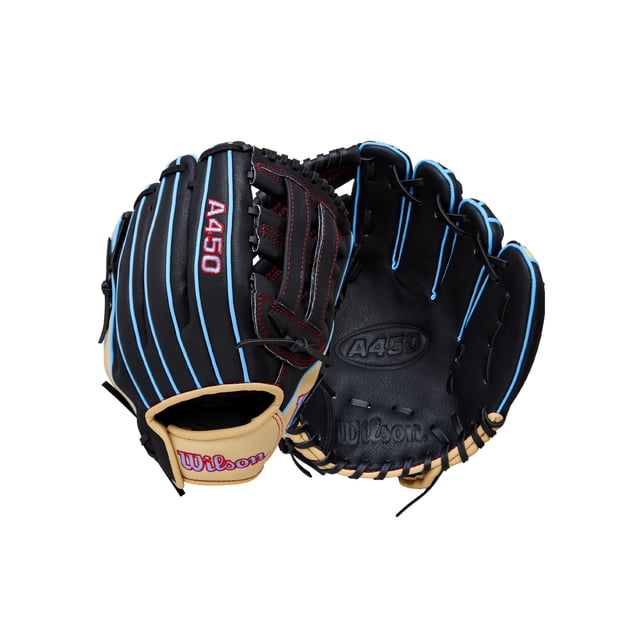 Wilson 2026 A450 Guante de béisbol Infield de 11" - Tiro a mano izquierda Negro/Azul frío/Rojo