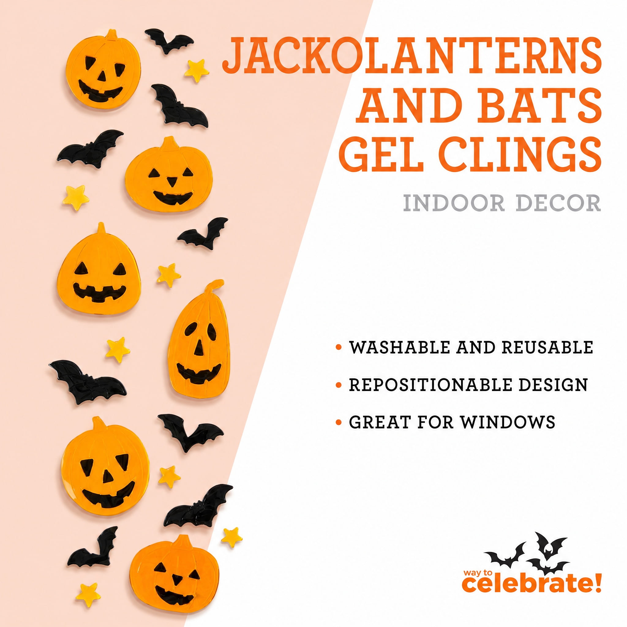 Jack-o'-Lanterns and Bats Gel Clings, Multicolor, 5.5" x 21", Halloween by Way To Celebrate