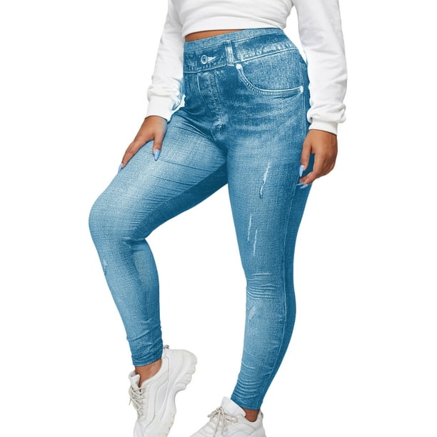 Avamo Ladies Fake Jeans Tummy Control Oversized Faux Denim Pant Floral  Print Plus Size Leggings Stretch Bottoms Sport Jeggings Blue 3XL