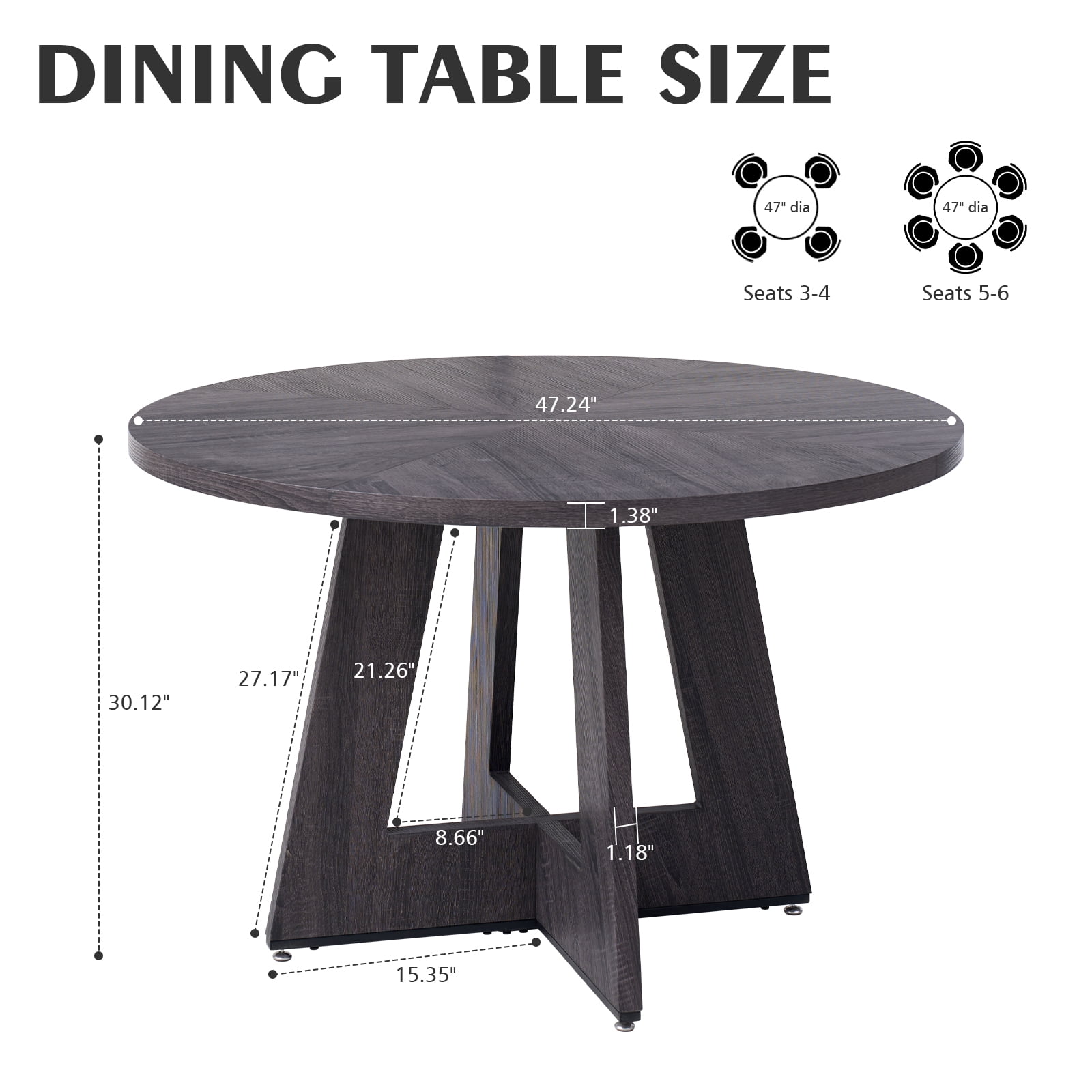 47 inch Round Dining Table, Farmhouse Circle Kitchen Table, Large Wood Dinner Table for 4, Wooden Pedestal Dinning Table for Dining Room, Mid Century Modern Style, Gray